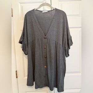 Gray Button-Down V-Neck Top